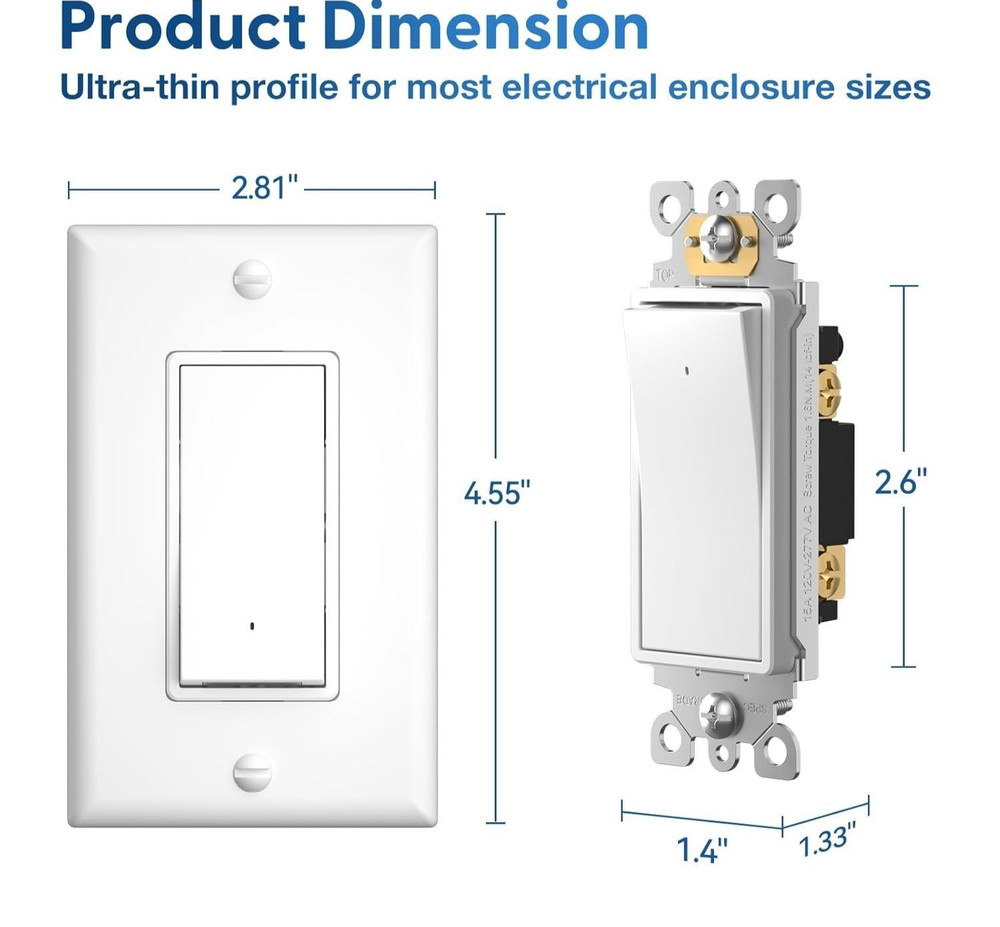 Single Pole Light Switch w/ Night Light, UL Listed, LED Guide Light Wall Switch