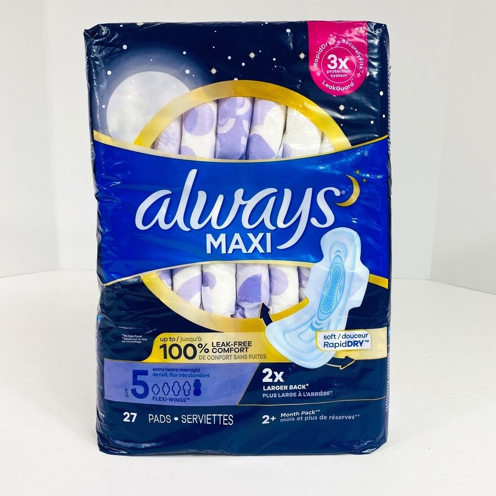 Always Maxi Pads Size 5 Extra Heavy Overnight 27 Count RapidDry Protection