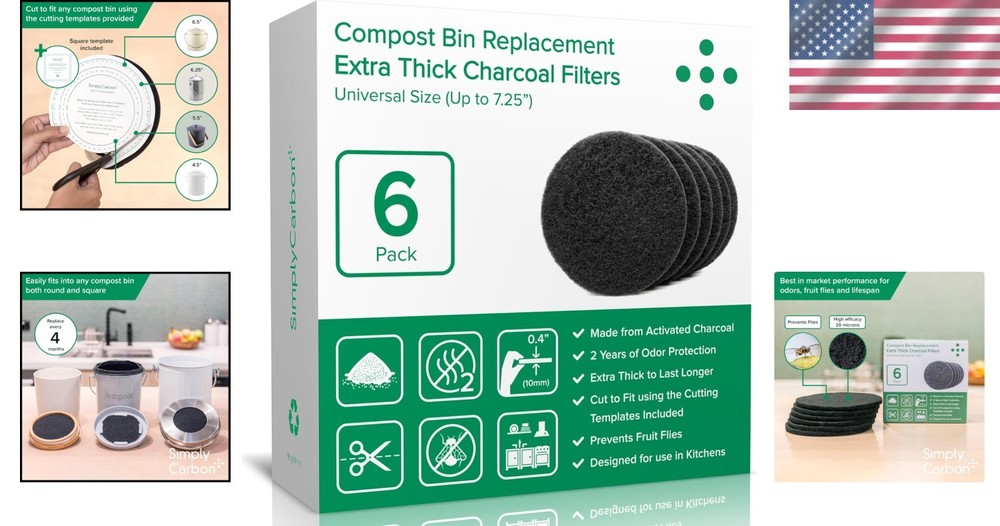 Compost Bin Filters 6 Pack Extra Thick Activated Charcoal Universal Size