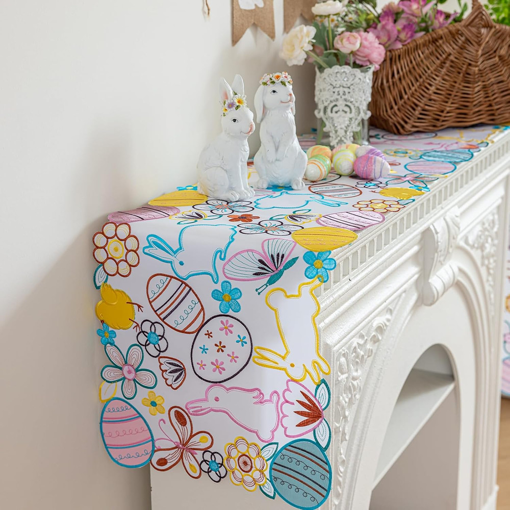 Easter Bunny Eggs Table Runner, Spring Flowers Butterfly Table Runners, Cutwork