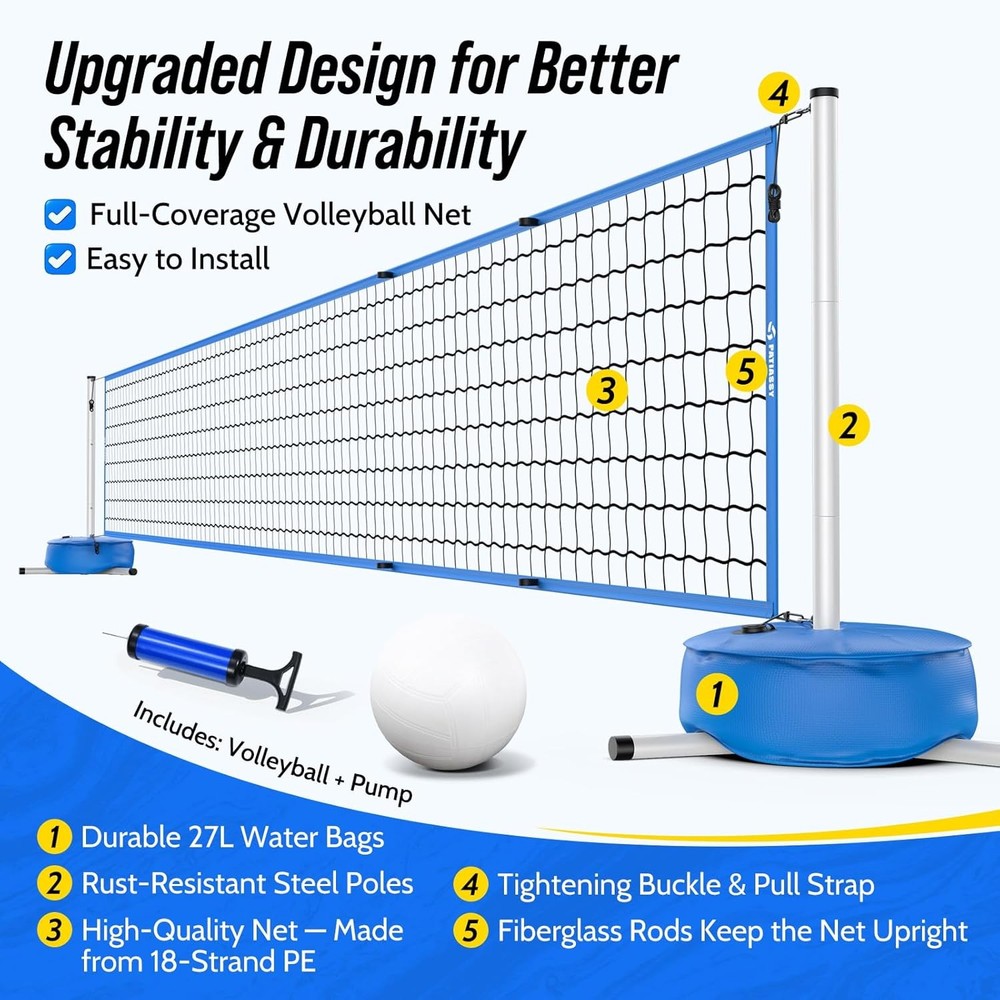 Pool Volleyball Net Set with Base Adjustable 15ft-32ft Length for Inground Pools