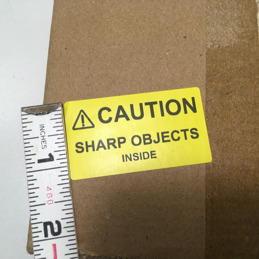 ⚠CAUTION SHARP OBJECTS INSIDE Warning Sticker Label Yellow 2.25" L x 1.25" H