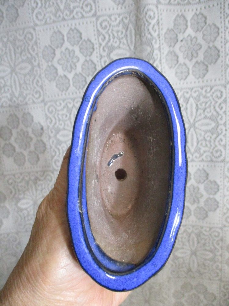 Miniature Oval Blue Pottery Footed Planter - 2.25" tall