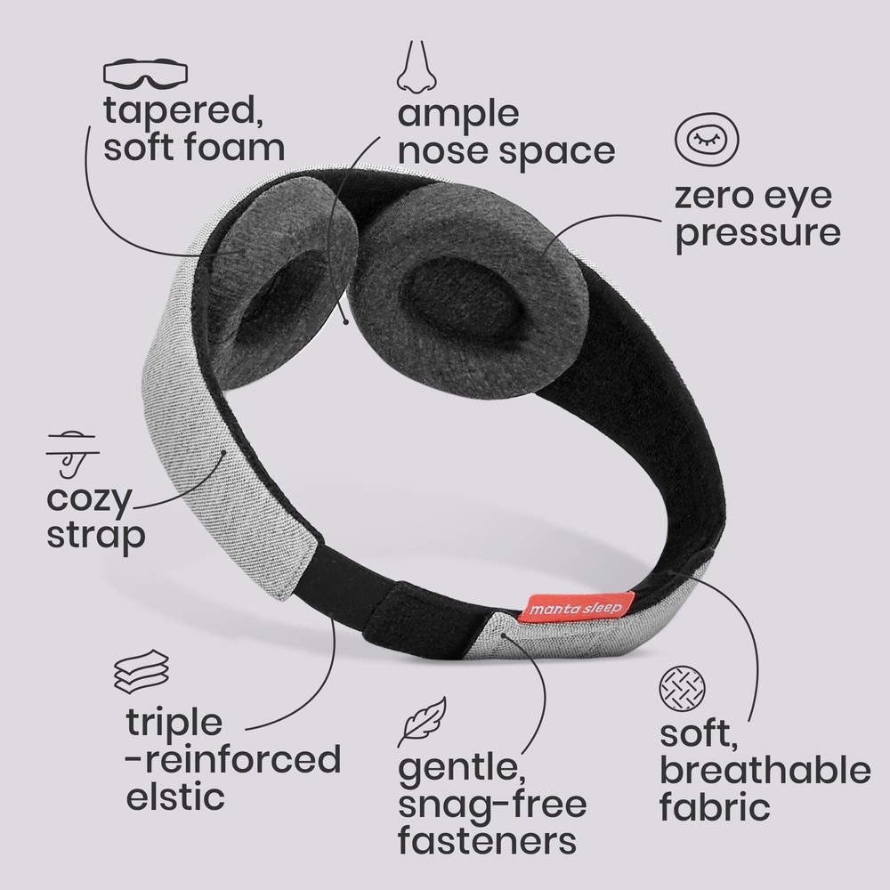 Manta Sleep Mask - 100% Light Blocking, Adjustable 1 Count (Pack of 1), Gray