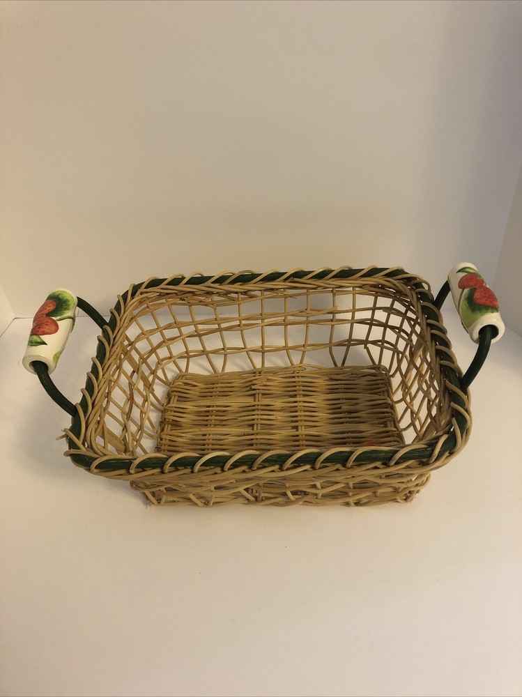 Vintage Basket with Painted Ceramic Handles