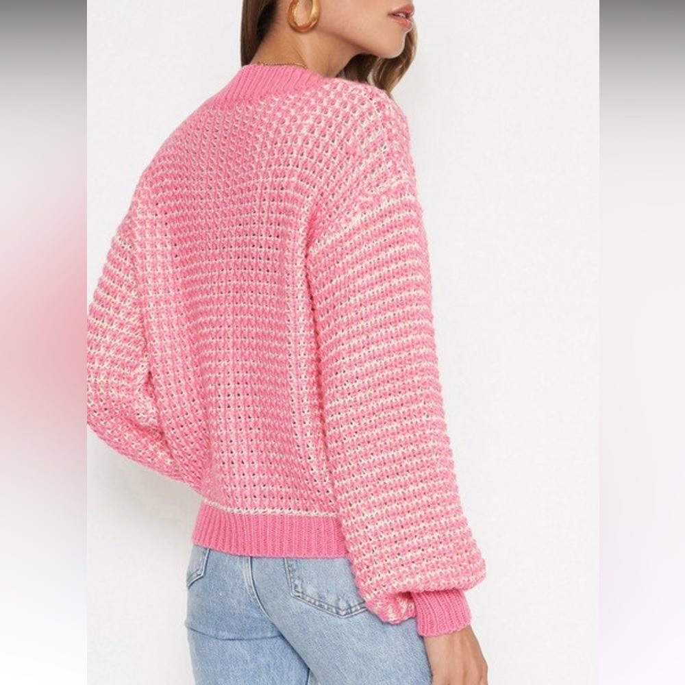 Pink Waffle Knit V-neck Button Up Sweater