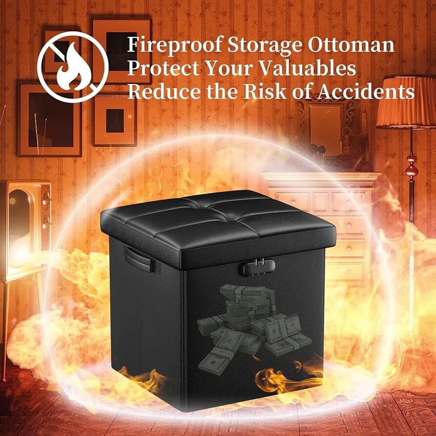 Storage Ottoman Fireproof Folding Ottoman Cube Storage Stool with Lock Leather
