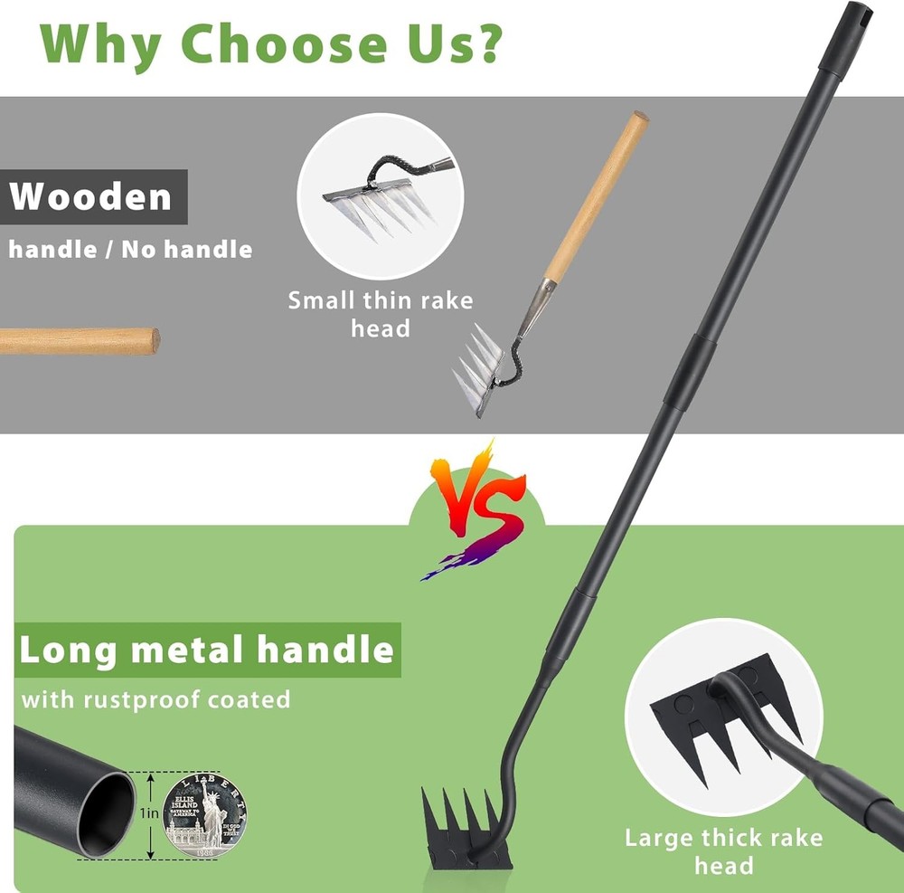 Manual Weeder Tool - 55" Long Handle 4-Tine Garden Weeding Rake