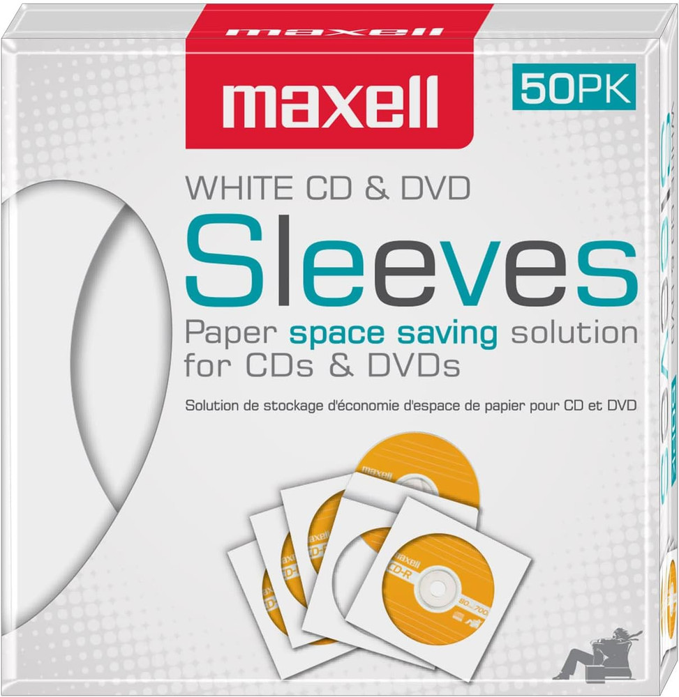 Maxell 190135 Protective Thin Clear Plastic Easy Storage CD & DVD Sleeves White
