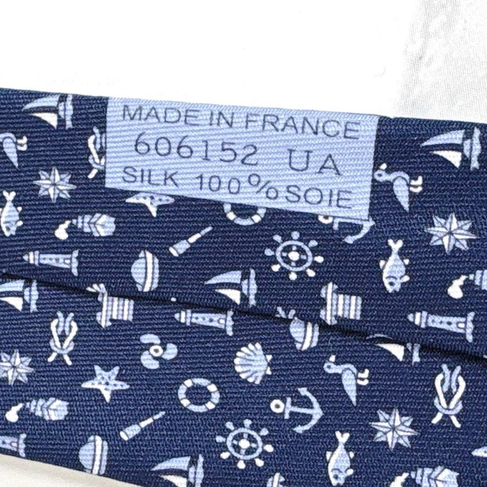 HERMES Tie Full Marine Monogram Pattern Navy Blue