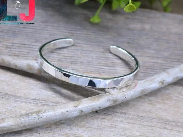 925 Sterling Silver Open Cuff Hammered Bangle Bracelet Adjsut Handmade Bangle