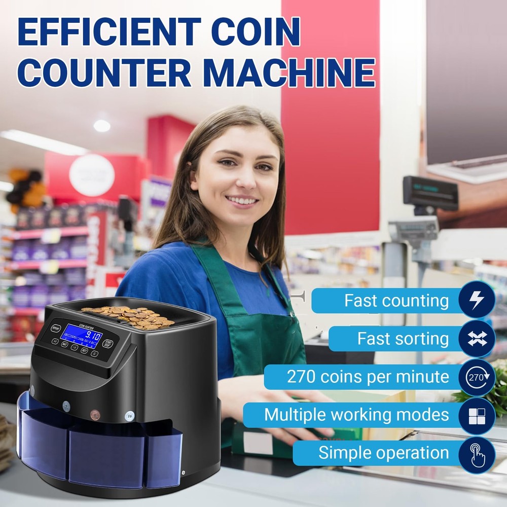 Coin Counter and USD Sorter with LCD Display, Automatic Change Black
