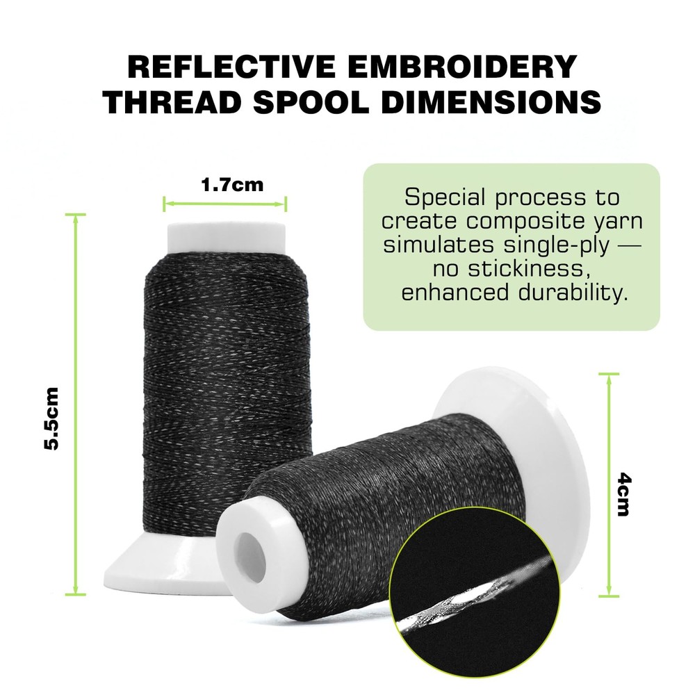 2 Pack Black 200M Reflective Embroidery Machine Thread, High-Visibility Sewing