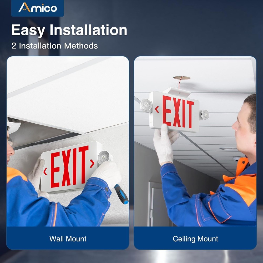 Amico Red LED Exit Sign With Emergency Exit Lights - Double Sided - New In Box