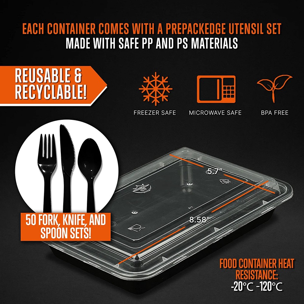 Microwavable Food Container W/ Utensil Set Black Rectangular Meal box storage W/