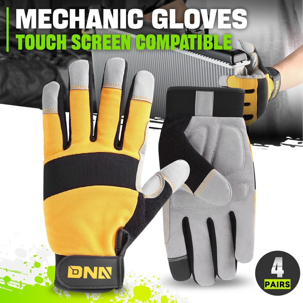 4 Pair Gray/Yellow Flexible Universal Multi-Purpose Utility Mechanic Work Gloves