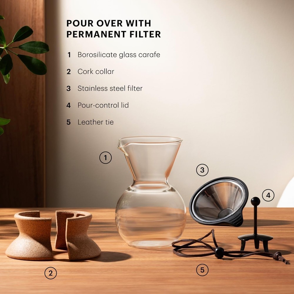 34oz Pour Over Coffee Maker - Elegant Borosilicate Glass & Permanent Filter