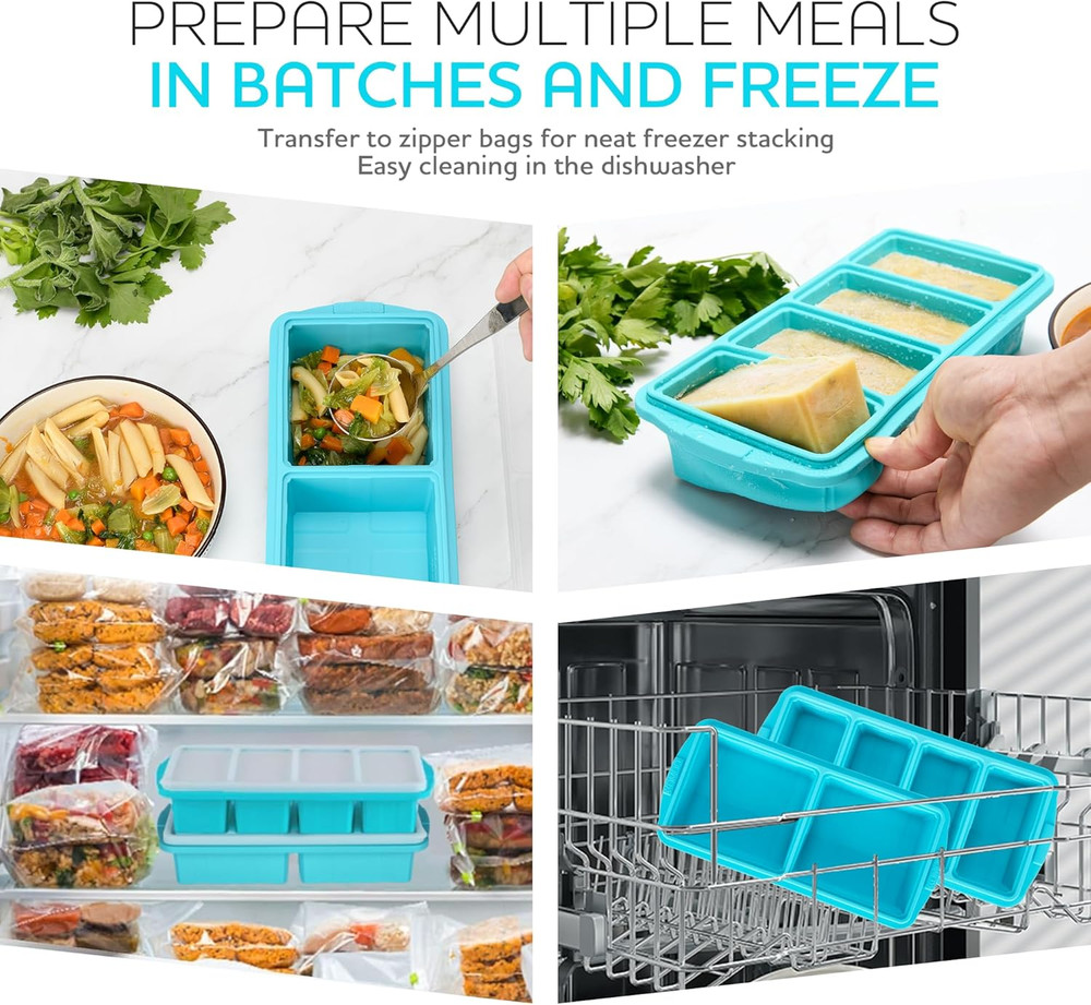Silicone Freezer Tray Lid-Soup Container Molds-Large Ice Cube Set Makes 4 Cubes