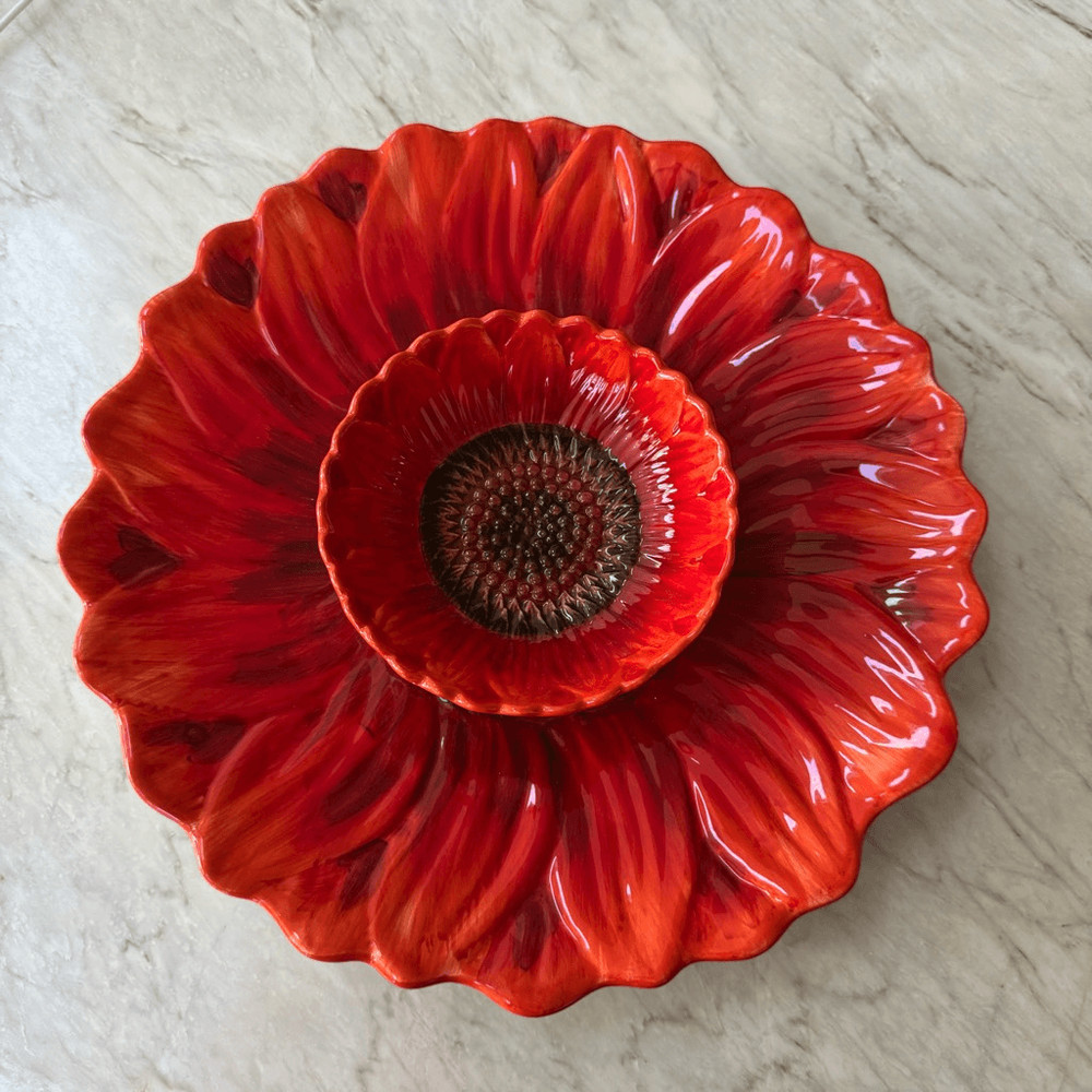 Maxcera red sunflower ceramic chip & dip serving dish platter 14