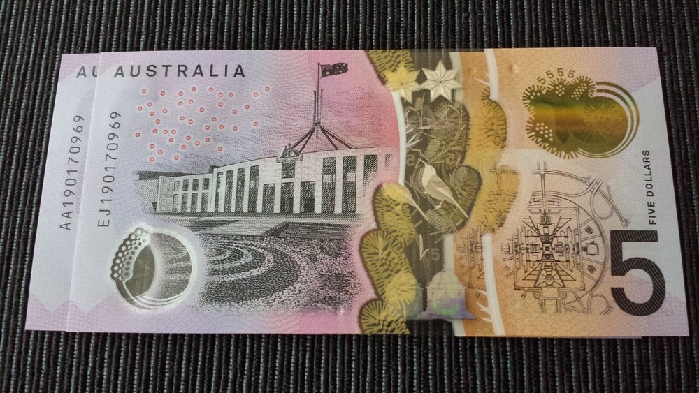 2019 $5 FIRST & LAST PREFIX MATCHING SERIALS AA19 EJ19 AA EJ x 2 UNC Banknotes.