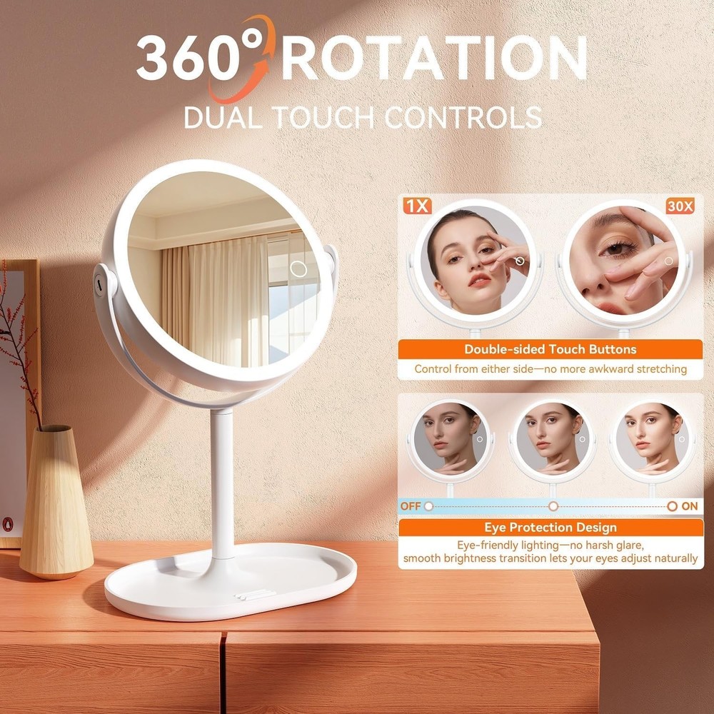 Makeup Mirror with Lights, Double Sided 30X/1X Magnifying Mirror with Light