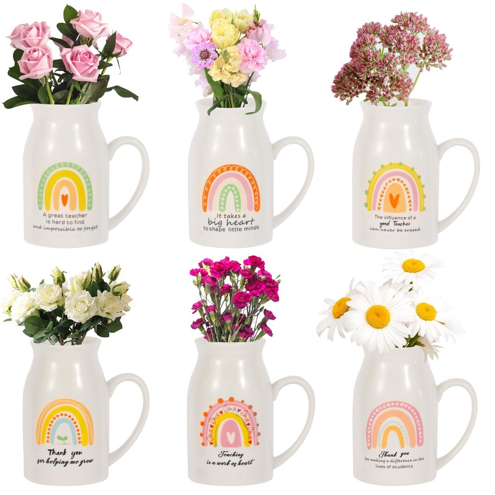 Teacher Appreciation Ceramic Vases 6pc Rainbow Flower Small Handle Gift