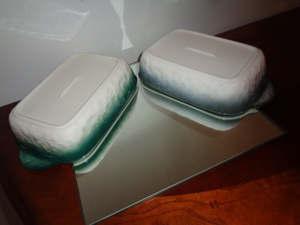 Set of 2 Green & Gray Ceramic Rectangular Baking Roasting Stackable Pan 9X5.5X1"