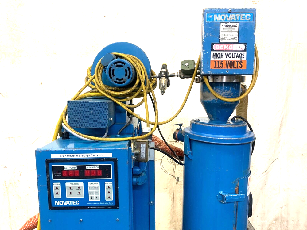 NOVATEC HOPPER W/ ROLLING STAND & DESICCANT DRYER W/ DISPLAY CONTROL PANEL
