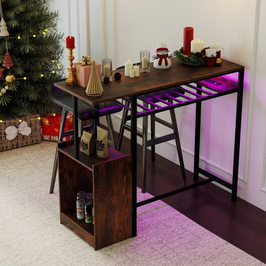 Rectangular Bar Table with Charging Station and LED Light-Rustic Brown - Color: