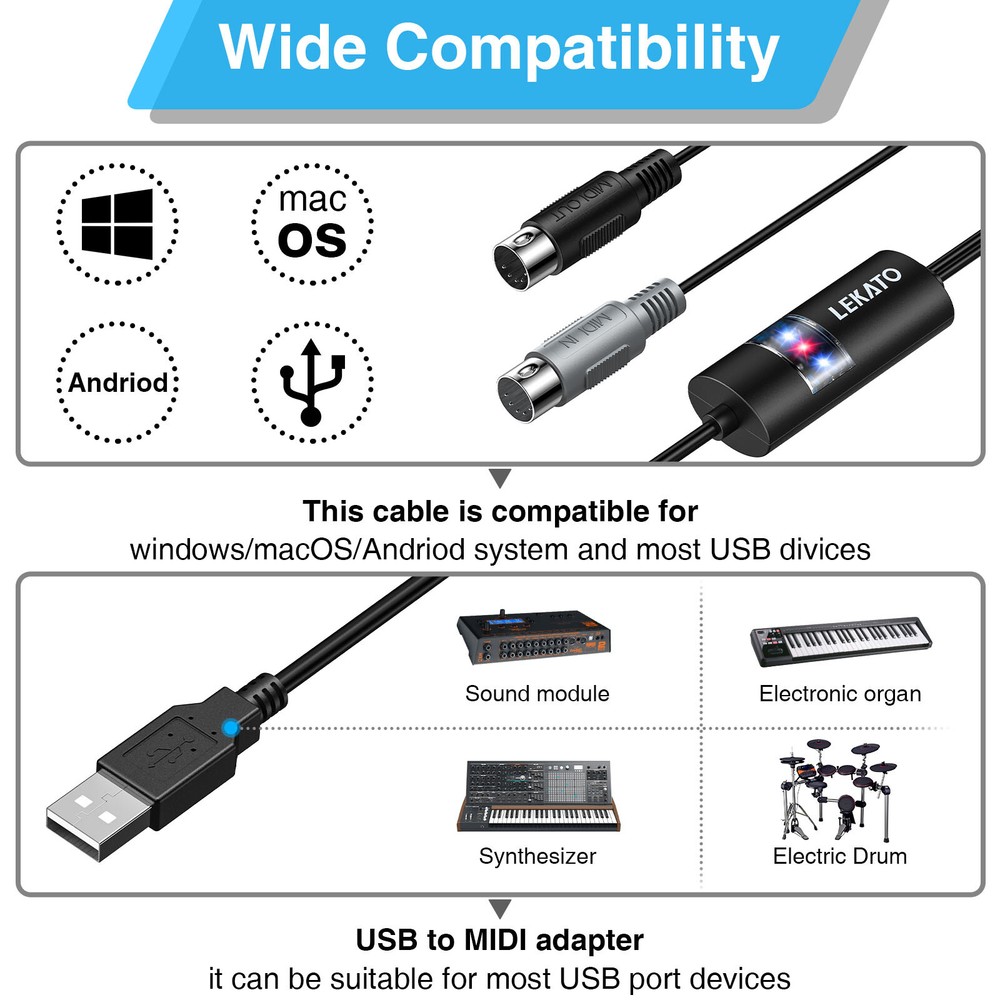 LEKATO USB MIDI Interface Adapter Low Latency 6.5FT MIDI Cable for PC Recording