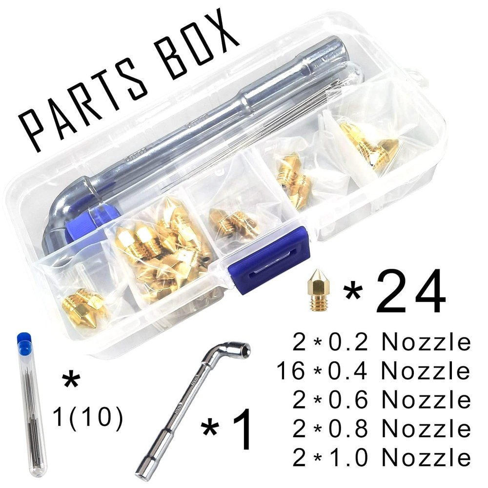 Complete 24-Piece MK8 Brass 3D Printer Nozzle Set - Easy Identification & Tools