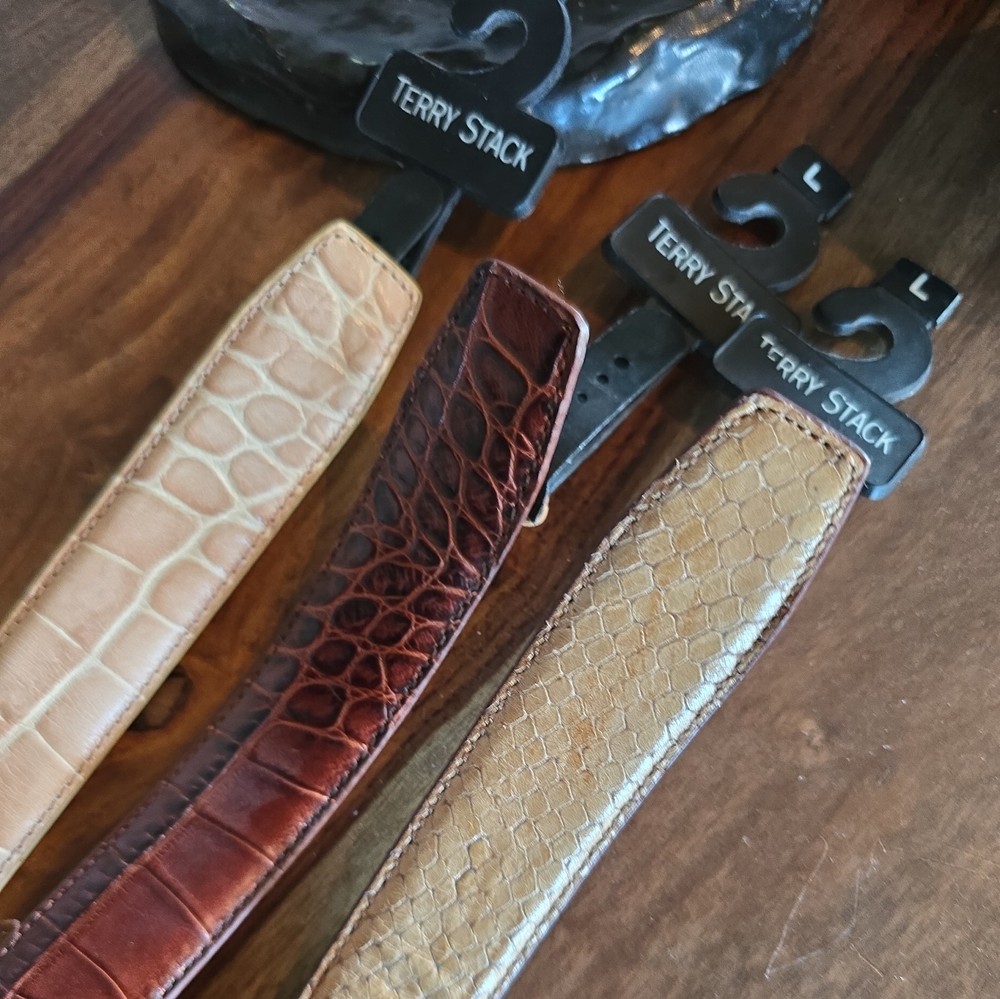 All  3 Terry Stack  Belts Snake Skin Pattern Italian Leather Hook Loop Closure.