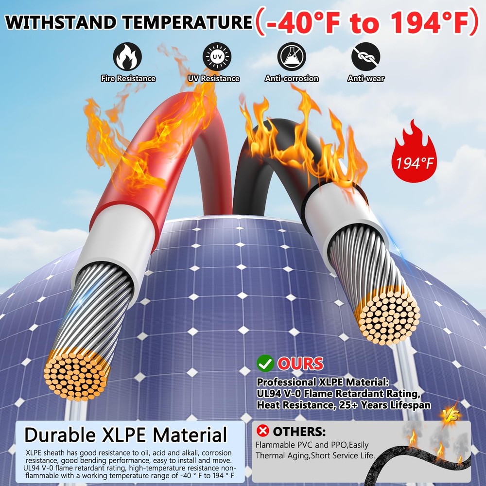 2x50 Feet Solar Panel Extension Cable- 10AWG Solar Cable Solar Panel Cable wi...
