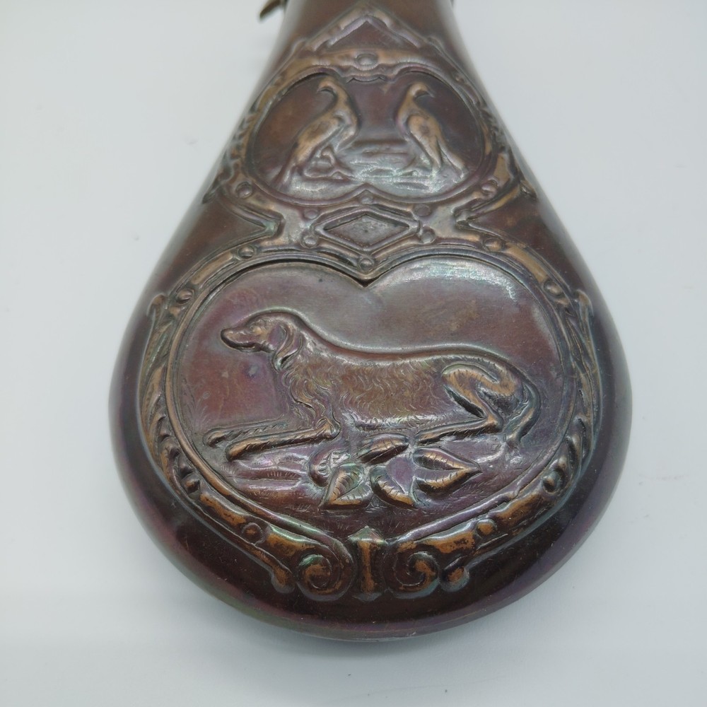 Vintage Brass black Powder Flask Embossed Shell Design Civil war ? Muzzleloader