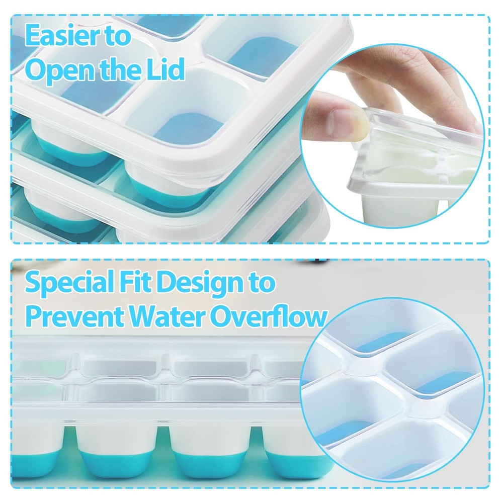 DOQAUS Ice Cube Tray with Lids - 4 Pack Stackable 7.2"*4.1"*1.3", Light Blue