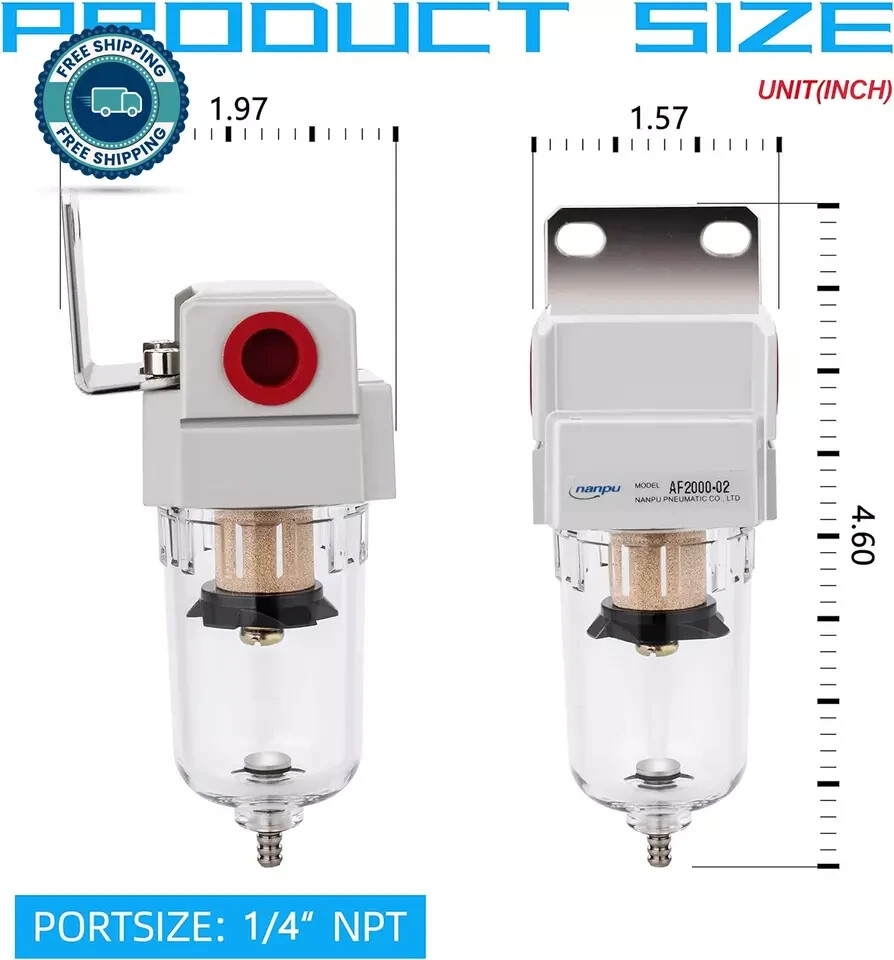 1/4" NPT Compressed Air Line Filter, 5 Micron Brass Element, Bracket, Poly Bowl,