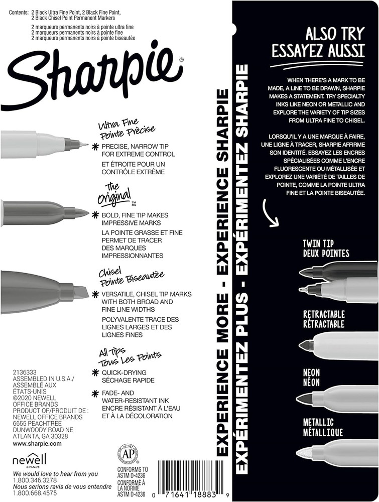 Permanent Marker Set, Chisel, Fine, Ultra-Fine Tips, 6 Count, Black