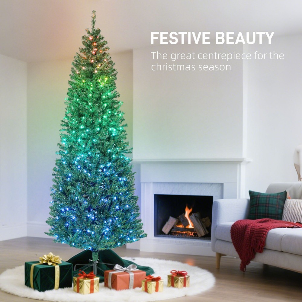 HOMCOM 7ft Christmas Tree with Synchronized LEDs, Hinged Slim Fir