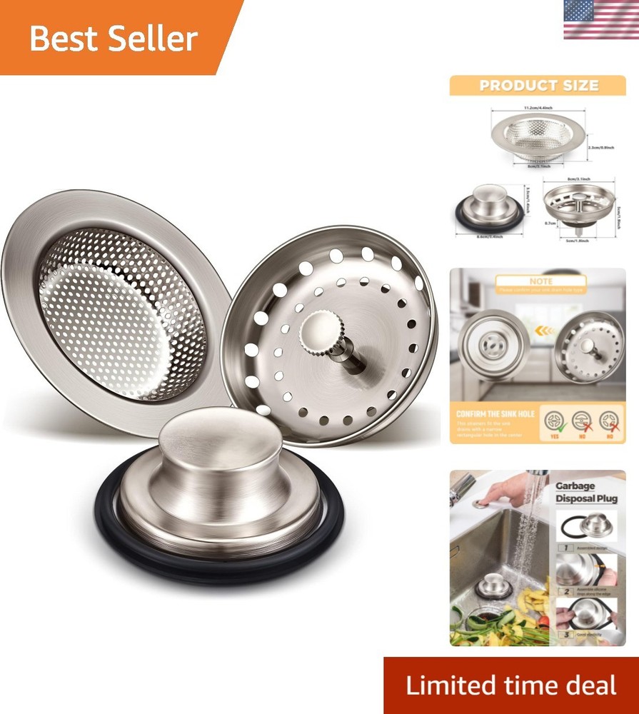 Rustproof Brushed Silver Kitchen Sink Drain Strainer and Stopper Set - 3 Pieces