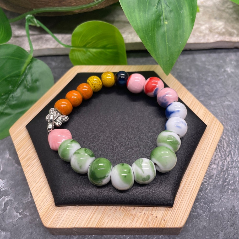 Handmade Ceramic Bead Beaded Stackable 6.5” Plus Stretch Bracelet New B532