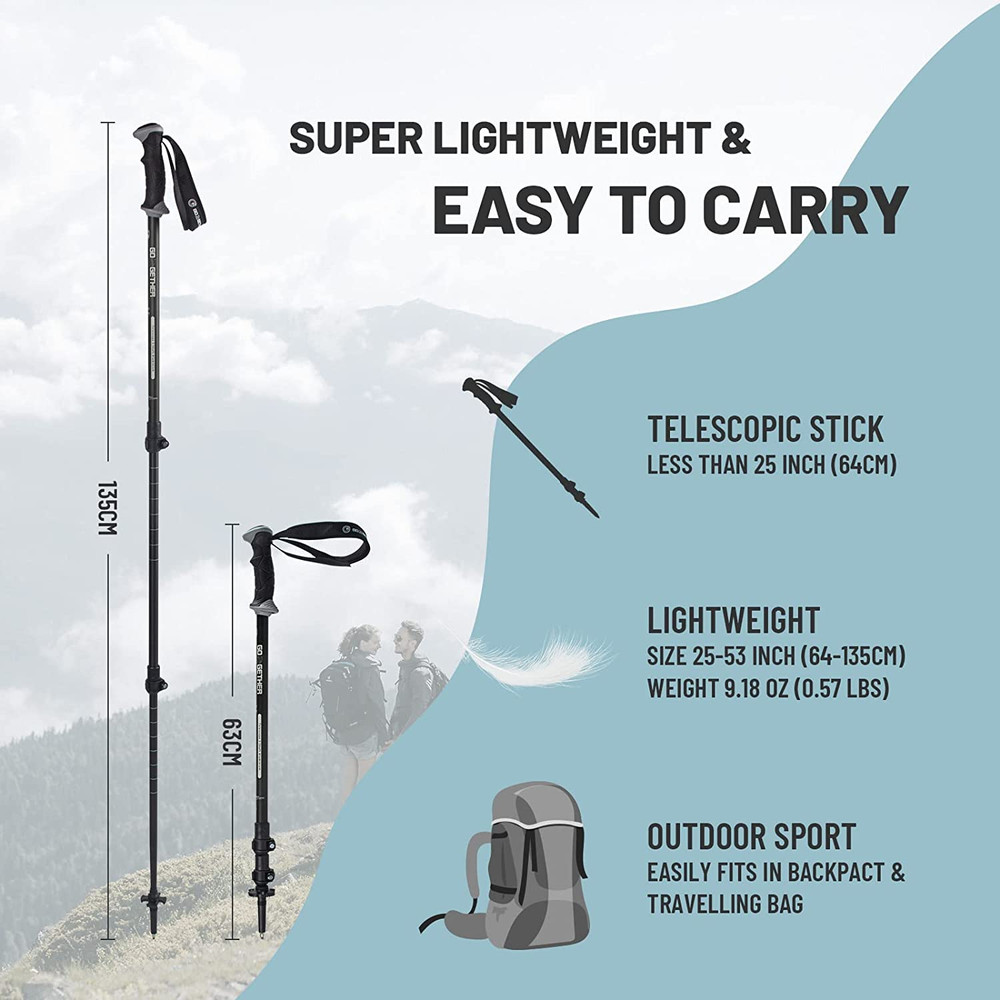 Aluminum Trekking Poles - Quick Adjustable Locks, Comfort Handle, Padded Strap,