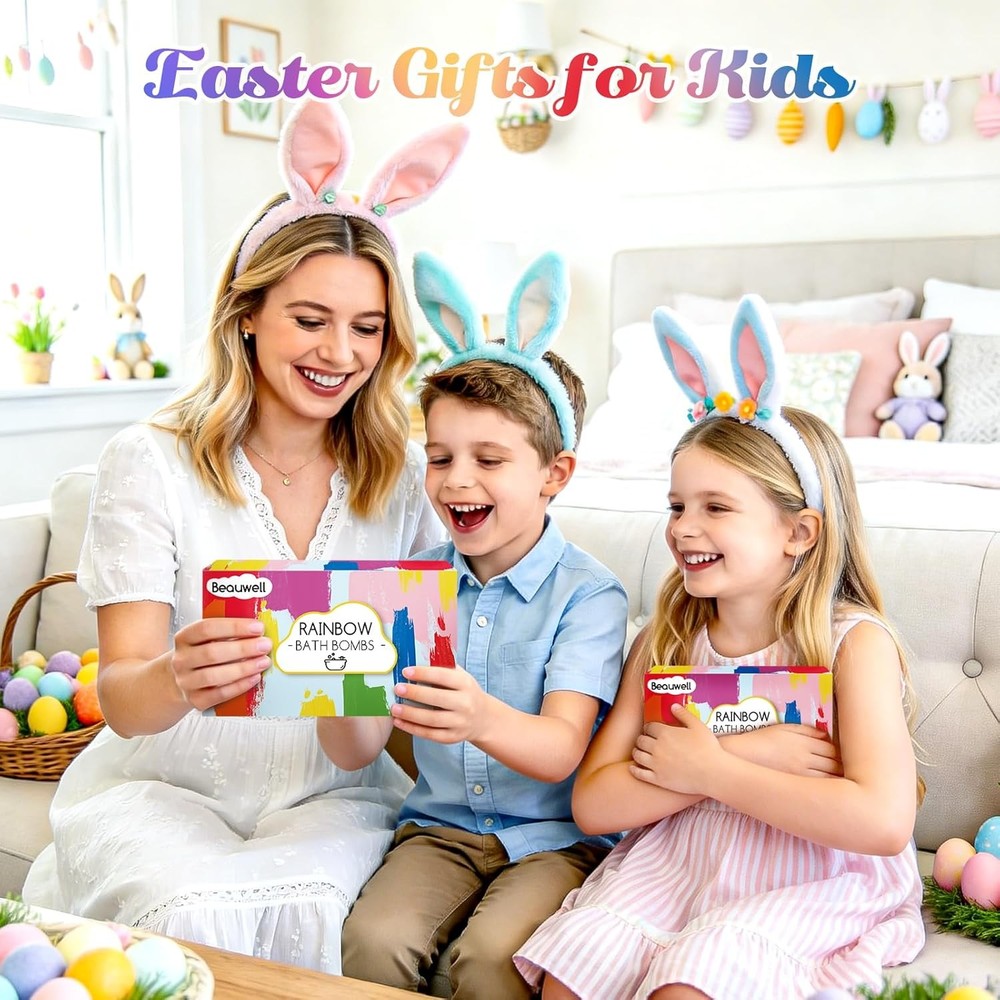 Rainbow Bath Bombs for Kids, Handmade 4 Pcs Kid Bath Bombs Gift Set, Easter Bask