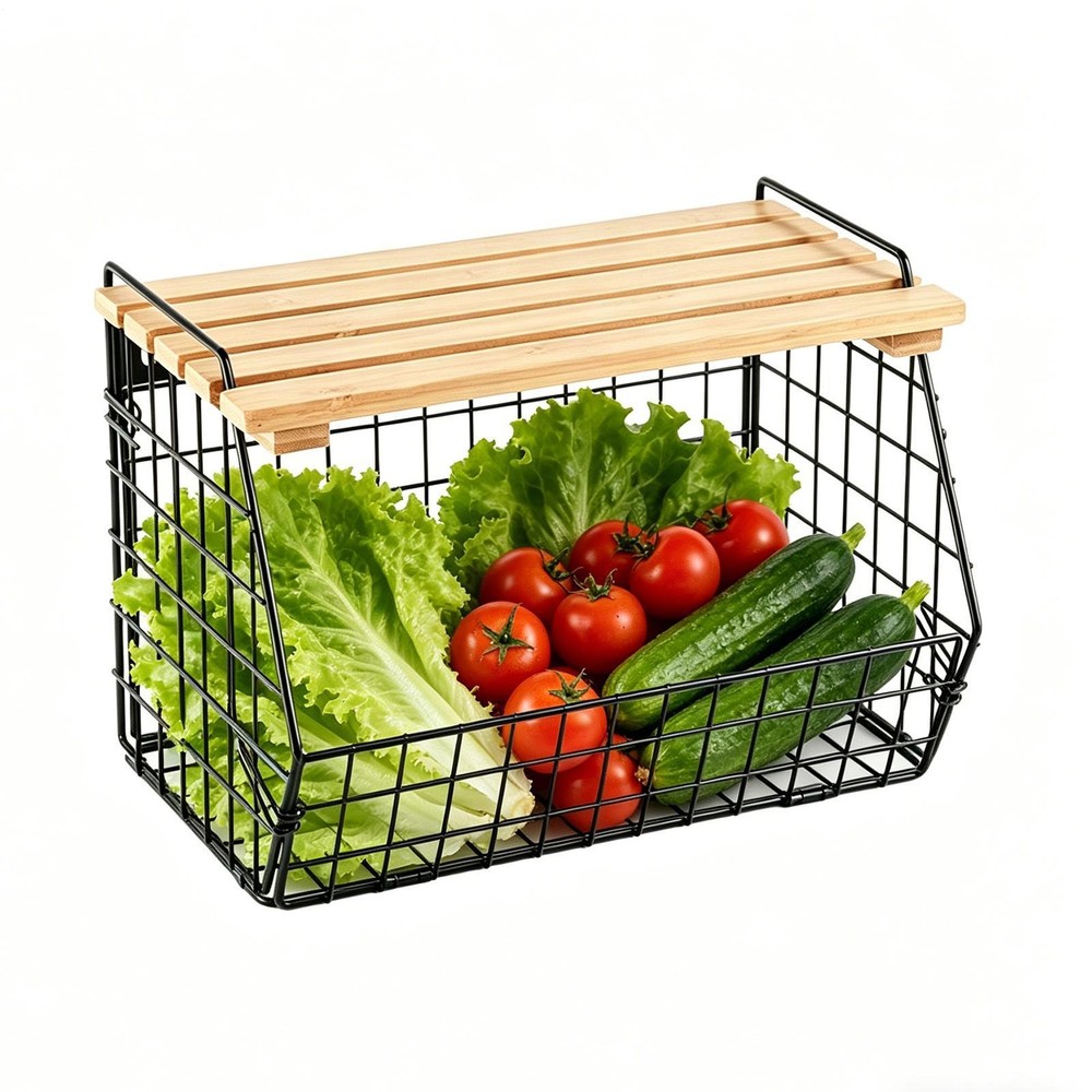 Stackable Wire Basket with Openable Top, Kitchen Counter Basket