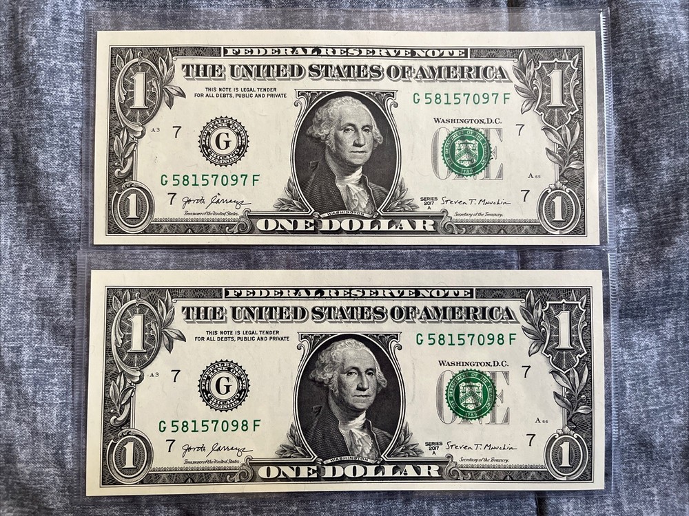 Two 2 Misprint Miscut Error $1 Sequence Bills Series 2017 A - Uncirculated Mint