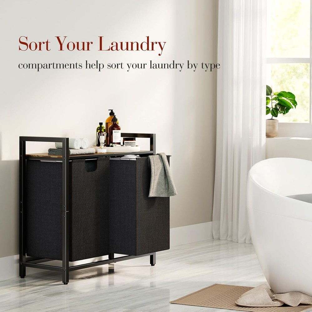 Laundry Basket Organizer, Hamper with Shelf Large, Rustic Brown、Black