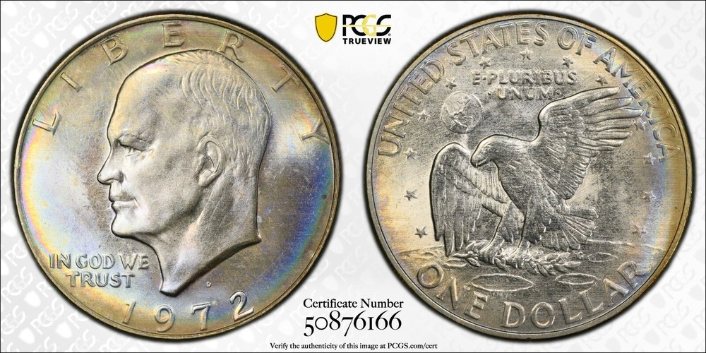 🔥🎄1972-D EISENHOWER DOLLAR PCGS MS65!!! RAINBOW TONED SUPERB LUSTER!! 🎄🔥