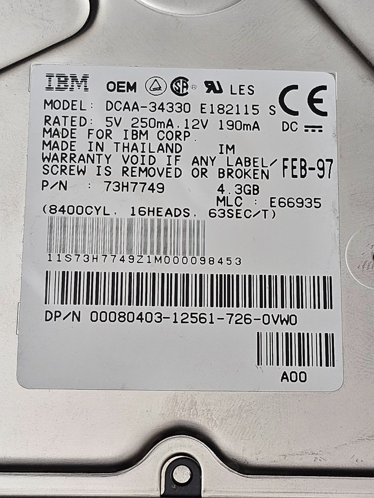 IBM Model DCAA-34330 Hard Drive E182115 S