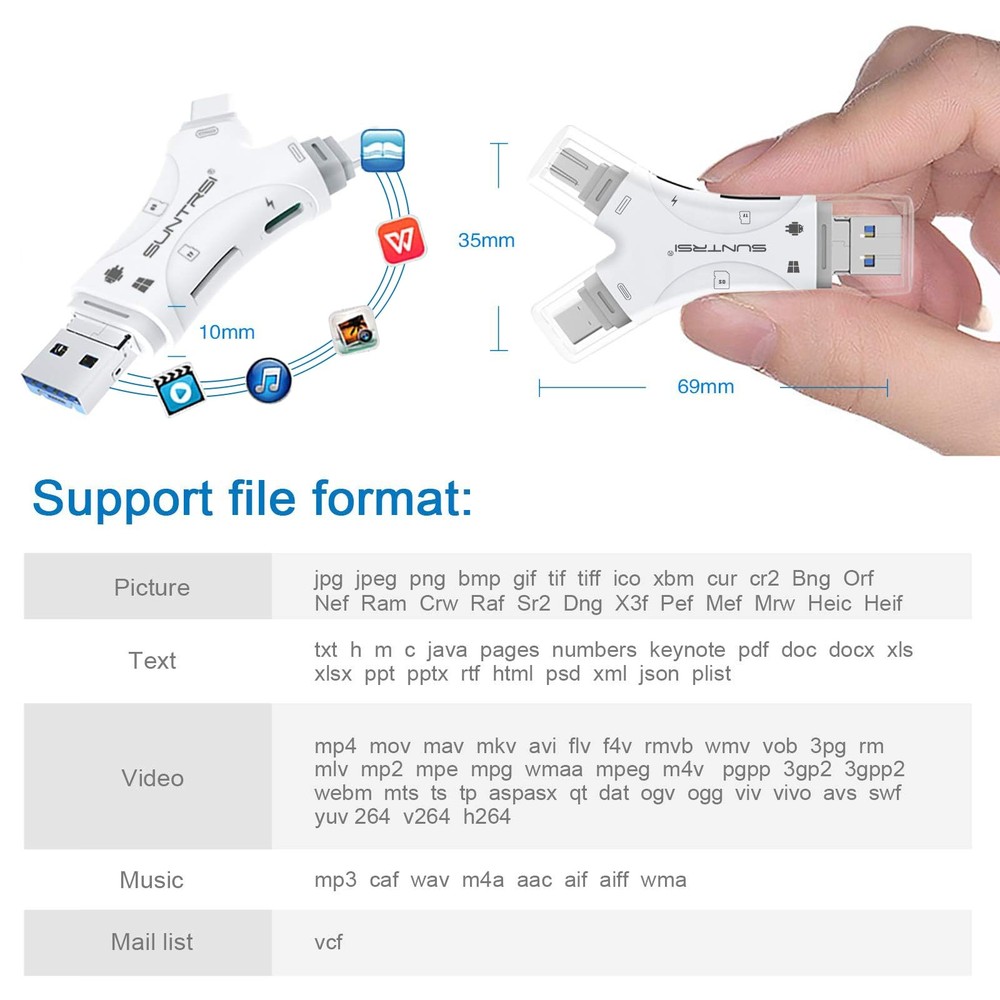 SD Card Reader for iPhone/ipad/Android/Mac/Computer/Camera,4 in1 Micro White