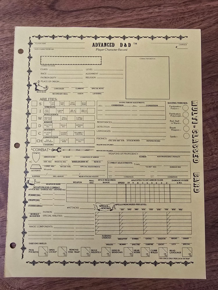 AD&D REF2 Player Character Record Sheet Singles Multi-Class/Bard TSR