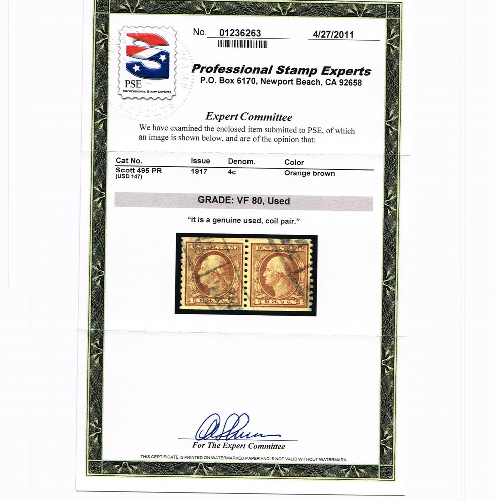 EXCEPTIONAL GENUINE SCOTT #495 USED COIL PAIR PSE CERT GRADED VF 80  #9468